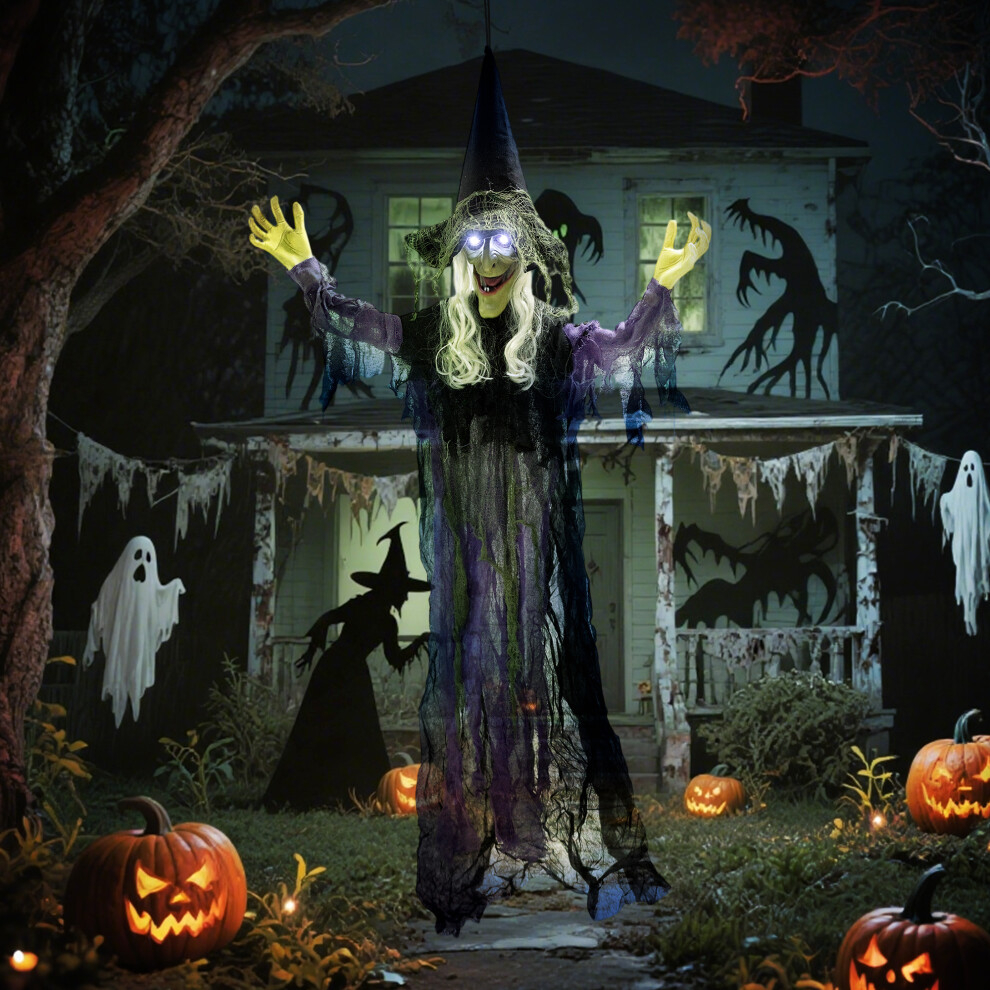 New Outsunny Voice Activated Halloween Animatronics Hanging Witch, Purple