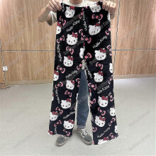 (LK2342-YYY, XXL) Pajamas Black Anime Flannel Woolen White Cartoon Casual Home Pants Autumn Fashion Trousers Plush Gift