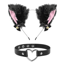 Cat Ear Headband with Bell Heart Choker Necklace Girl Plush Furry Cat Ear Hair Band for Halloween Cosplay Party
