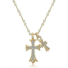 (Gold) Cross Necklace Sterling Silver Double Cross Pendant CZ,Cubic Zirconia Cross Necklace