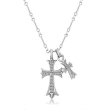 (Silver) Cross Necklace Sterling Silver Double Cross Pendant CZ,Cubic Zirconia Cross Necklace