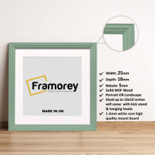 (Green With White Mount, 8x8" Pic (10x10" Frame)) Square Size Green Picture Frame / LW Style Wall Art Frame / Modern Photo Frames With Multicolored Mount