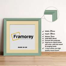 (Green With Ivory Mount, 20x20CM Pic (25x25CM Frame)) Square Size Green Picture Frame / LW Style Wall Art Frame / Modern Photo Frames  With Multicolored Mount