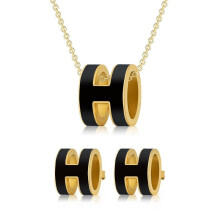 (Black) 2 Pieces of H Necklaces for Women Jewelry Set 18K Gold Plated Necklace Earrings set Gift for Women g