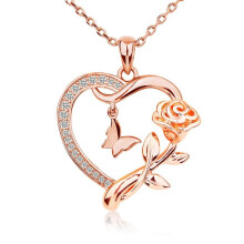(Pink gold) Heart Necklace for Women 14k Rose Gold Plated CZ Romantic Rose and Butterfly Jewelry for women