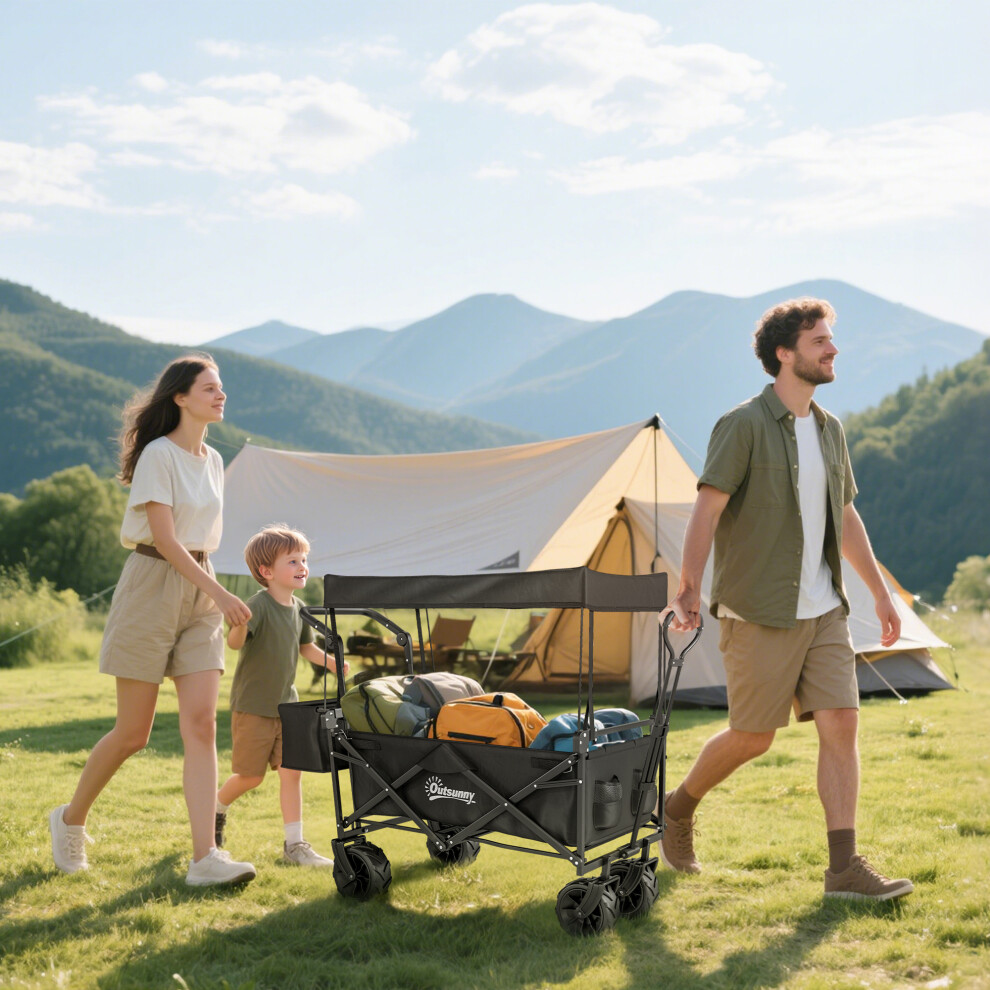Outsunny Outdoor Push Pull Wagon Stroller Cart W/ Canopy Top Black