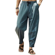 (L, Lake Blue) Men Cotton Linen Pants Solid Color Drawstring Elastic Waist Hip Hop Pants Breathable Trousers
