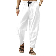 (XL, White) Men Cotton Linen Pants Solid Color Drawstring Elastic Waist Hip Hop Pants Breathable Trousers