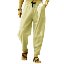 (2XL, Khaki) Men Cotton Linen Pants Solid Color Drawstring Elastic Waist Hip Hop Pants Breathable Trousers