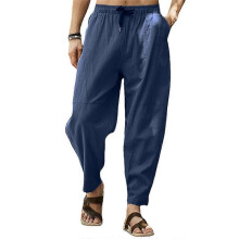 (3XL, Dark Blue) Men Cotton Linen Pants Solid Color Drawstring Elastic Waist Hip Hop Pants Breathable Trousers