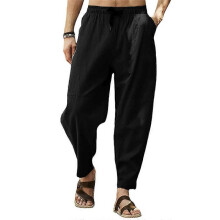 (5XL, Black) Men Cotton Linen Pants Solid Color Drawstring Elastic Waist Hip Hop Pants Breathable Trousers