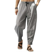 (2XL, Grey) Men Cotton Linen Pants Solid Color Drawstring Elastic Waist Hip Hop Pants Breathable Trousers