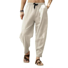 (L, Apricot) Men Cotton Linen Pants Solid Color Drawstring Elastic Waist Hip Hop Pants Breathable Trousers