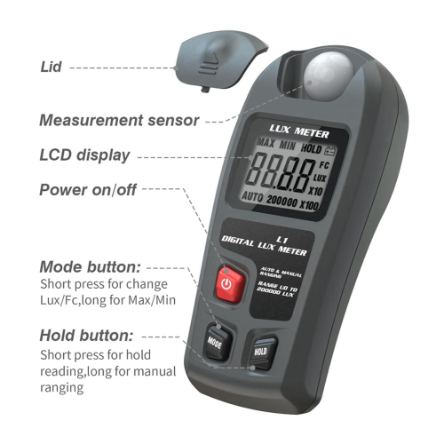 Digitale meter met hoge precisie, lichtmeter helderheidstester lumen automatisch uit 1