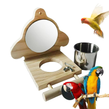Papegaaienzitstok Houten Parkietenspiegel Speelgoedvogel met Voerbakjes Kooispel voor Dwergpapegaai A