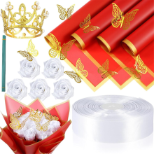 74 stuks DIY kunstmatige rozenboeket nep lint bloemen 1-1/2 inch satijnen gouden rand inpakpapier wit