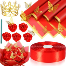 74 stuks DIY kunstmatige rozenboeket nep lint bloemen 1-1/2 inch satijnen gouden rand inpakpapier rood