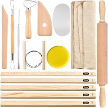 Pottenbakkersgereedschap, houten deegroller, tafelkleed, handleiding voor het maken van kleistokken, voor het handmatig zelf maken van keramiek