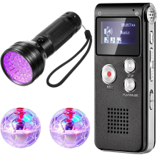 4-delige apparaatset inclusief 1 digitale zakspraakrecorder, 2 LED-oplichtende kattenballen, zwarte UV-zaklamp, 8 GB