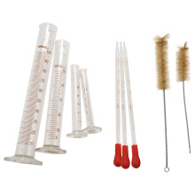 4 maatcilinders - 5 ml, 10 ml, 50 ml, 100 ml Premium glas Bevat 2 reinigingsborstels + 3 x 1 ml pipetten