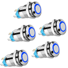 5 stuks 12 mm vergrendelbare drukknopschakelaar met hoge ronde kap, waterdicht metaal met 12V/24V blauw licht