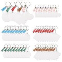 50 sets blanco sleutelhangers voor vinyl, blanco sleutelhangers van acryl met 5 vormen, transparante schijfvormige leren kwastjes en bedeltjes