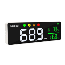 Decibelmeter voor geluidsniveau + vochtigheid en temperatuur. Geluidsmeter voor klaslokalen, SPL DB voor wandmontage.
