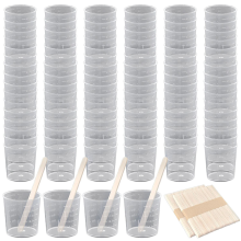 100 stuks 30 ml/2 oz plastic maatbekers met transparante schaal, heldere epoxymenging met PCS-roerstokjes
