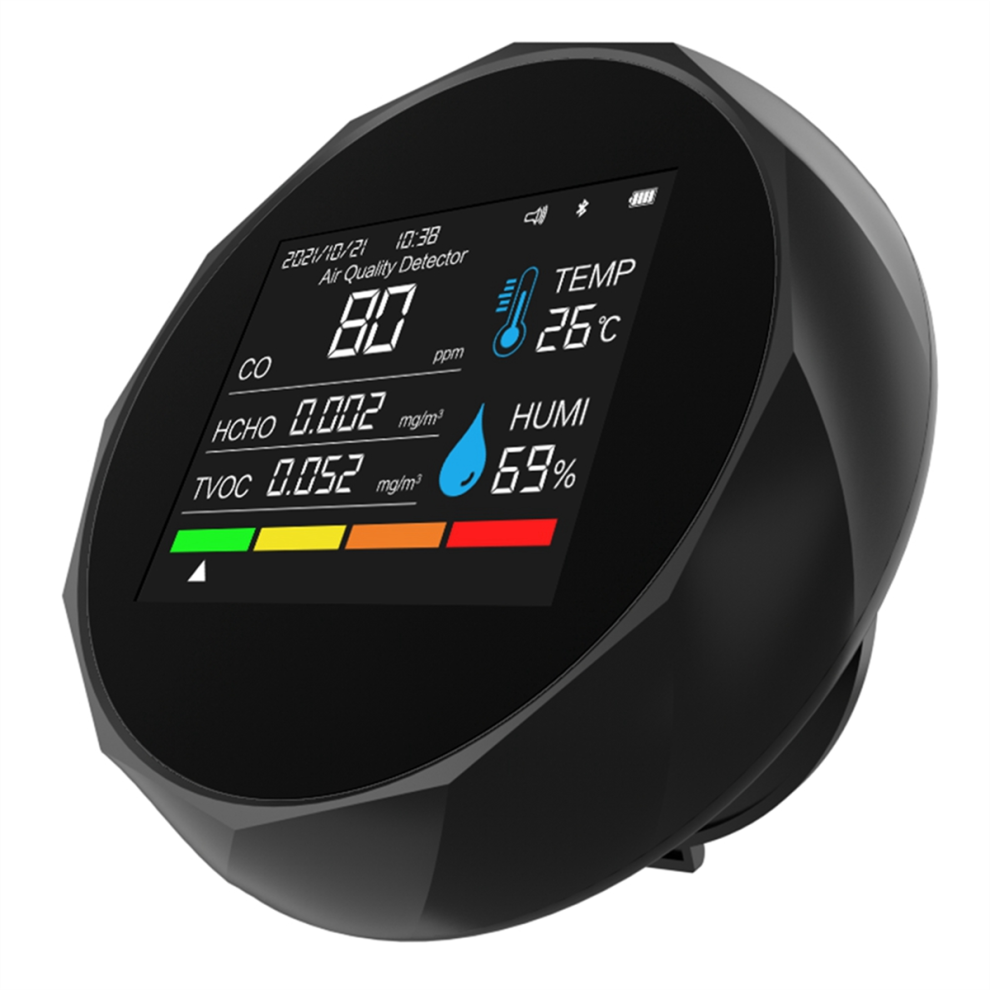 Draadloze Luchtkwaliteitsdetector 5-In-1 Tvoc Co Hcho Temperatuur-Vochtigheid Thuisbureaumonitor, Zwart-image