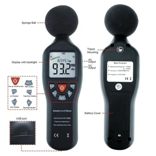 Hoognauwkeurige ruissensor decibelmeter, meterrecorder met 30-130 dB USB-opname 1