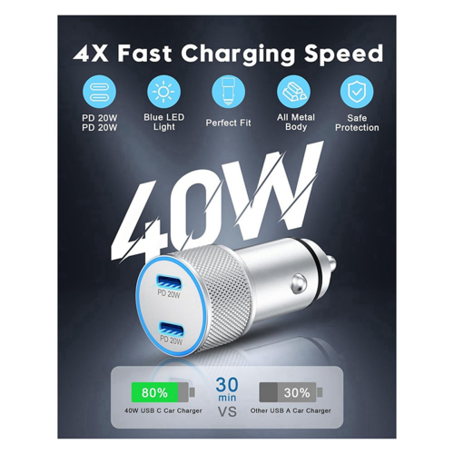 Autolader, 2-pack 40W Dual Port Fast USB C-lader Power Lighter-adapter met 3FT naar kabel 2