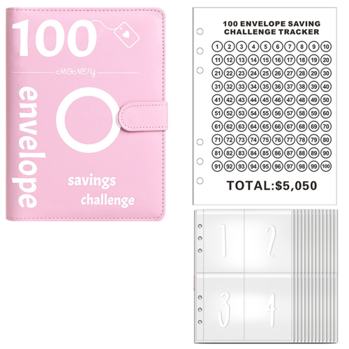 100 enveloppen geld besparen challenge, envelop challenge map, budgetboek (roze)