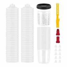 Wegwerp verfmengbekersysteem 50-pack bekers met deksels, harde borgring, 10 stuks pluggen, 2 stuks adapters