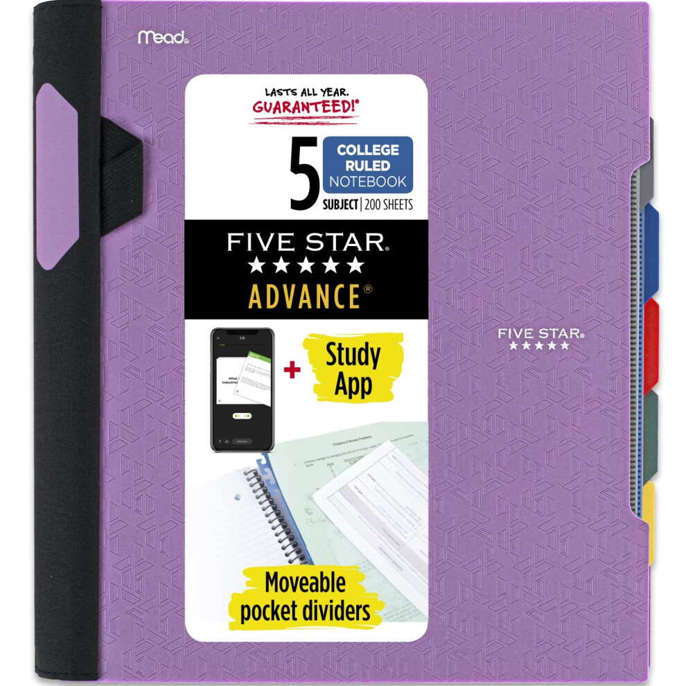 Five Star Spiral Notebook + Study App  5 Subject  College Ruled Paper  Advance Notebook with Spiral Guard  Movable Tabbed Dividers and Expanding Pocke-image-OPC-PFNDS96-NEW