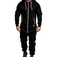 (3XL, Black) Men Onesie Hoodie Zip Jumpsuit Winter Casual Hooded Romper Playsuit