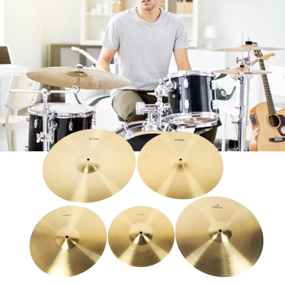 5PCS Brass Drum Cymbal Set 12in–20in with Pads & Storage Bag