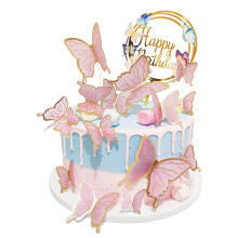 16 cartes décoratives papillon pour gâteau, 1 carte « Joyeux anniversaire » papillon, 15 cartes papillon en papier or rose