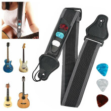 Verstelbare nylon gitaarband voor akoestische gitaar, elektrische gitaar en basgitaar, inclusief 3 plectrums.
