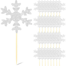 50 stuks dubbelzijdige sneeuwvlok cupcake toppers met zilveren glitter, kerst sneeuwvlok taart toppers, tandenstokjes, winter dessert prikkers