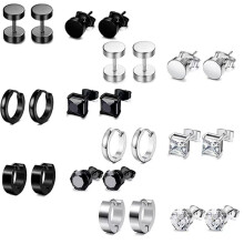 12 Pairs of Men's Black Stainless Steel Earrings Set, Diamond Earrings Black, Allergy-Free Stud Earrings, Black and Silver Neutral Earrings