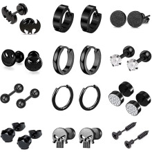 12 Pairs Earrings for Men Punk Mens Earrings Stainless Steel Black Silver Earrings Cool Flatback Screw Skull Stud Earrings