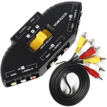 RCA-splitter met 3-weg audio- en video-RCA-schakelbox + RCA-kabel voor het aansluiten van 3 apparaten met RCA-uitgang op uw tv (zwart)