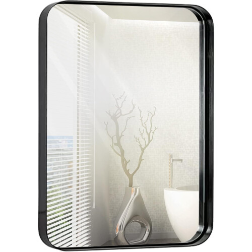 30x40cm Metal Black Frame Mirror for Bathroom | Brushed Rectangular Rounded Corner Vanity | 2" Deep Set Design Small Wall Mirrors Decorative