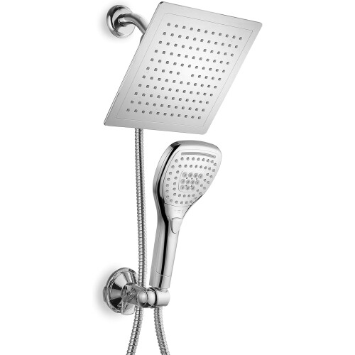 8" Rainfall Shower Head/Handheld Combo. Convenient Push-Button Flow Control Button for easy one-handed operation