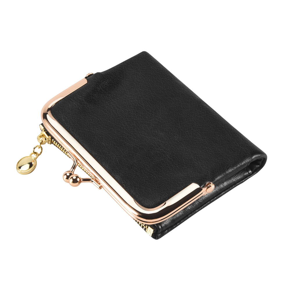 Monedero Corto Plegable Retro MultifuncióN Para Mujer Con Cremallera Y Cierre De Boquilla, Color Negro-image