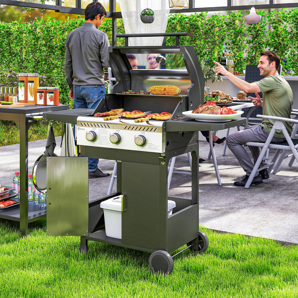 Outsunny 3 Burner Propane Gas Bbq Grill With See-Through Lid And Thermometer