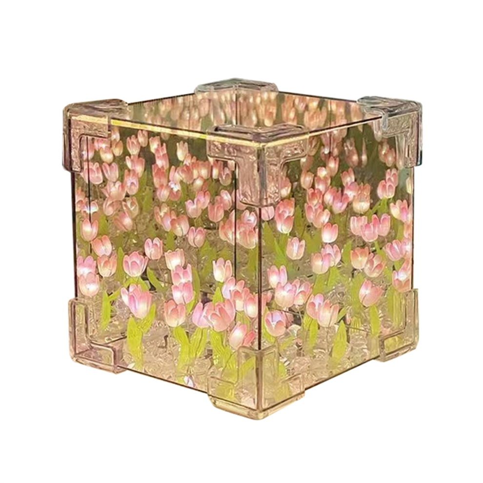 Espejo Con Forma De TulipáN, Luz Nocturna En Forma De Cubo, LáMpara De HabitacióN, Adorno Decorativo Rosa-image