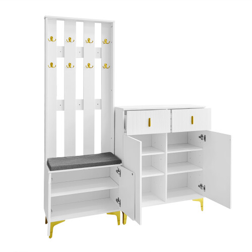 (white) Wardrobe set with shoe bench and cushion 2