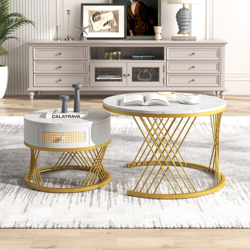 (white) 2-in-1 round coffee table with marble top