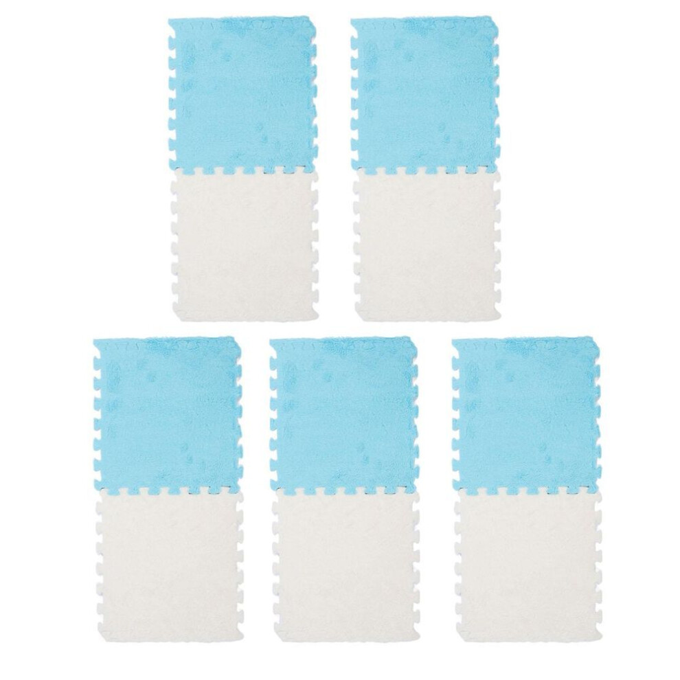 (Sea Blue 5pcs+White 5pcs) 10pcs Plush Foam Floor Mat Washable Interlocking Carpet Tiles Cuttable Soft Puzzle Area Rugs For